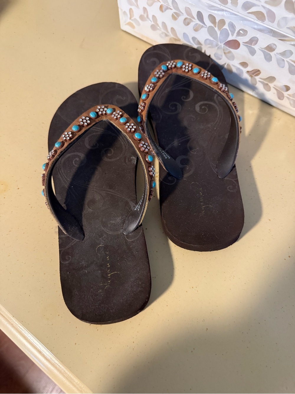 Shyanne Brown Sandal Flip Flops with Turquoise Bead Detail
